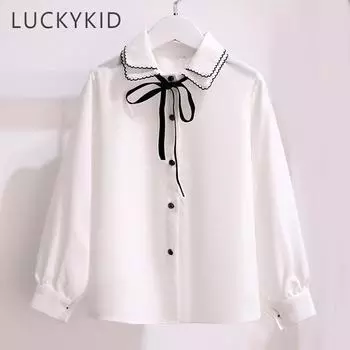 Весенние рубашки для девочек, шифоновая повседневная детская одежда, белые блузки для девочек, рубашки с длинными рукавами для девочек, осенняя детская одежда 120 белый
