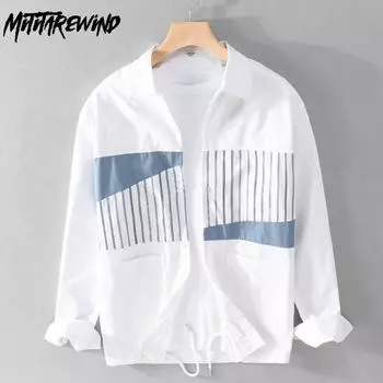 Весенние рубашки с длинным рукавом для мужчин, уличная одежда, свободный топ из 100 хлопка, мужская одежда, рубашка со шнурком, молодежная новая модная повседневная рубашка M белый