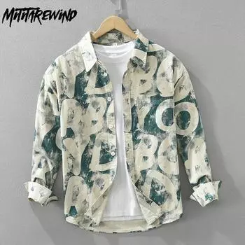 Весенние рубашки с принтом для мужчин, уличная одежда для мальчиков, свободные повседневные топы с длинными рукавами, лацканы, 100% хлопок, мужская одежда M зелёный