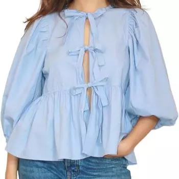 Весенние рубашки с круглым вырезом и контрастным бантом на шнуровке для женщин, свободная блузка с длинными рукавами-фонариками XS бежевый