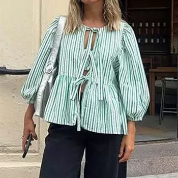 Весенние рубашки с круглым вырезом и контрастным бантом на шнуровке для женщин, свободные длинные блузки с рукавами-фонариками, модные женские повседневные топы для улицы XXXL белый