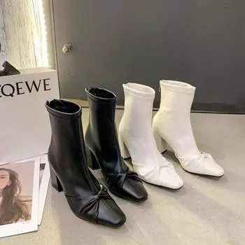 Весенние сапоги 2024 года, осень, новые короткие сапоги с бантом на высоком каблуке, корейская версия, универсальные тонкие сапоги в стиле ретро для женщин 35 бежевый