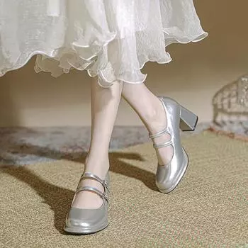 Весенние серебристые туфли Мэри Джейн на высоком каблуке 2024 года — женские туфли на платформе Loli в японском стиле JK с толстым каблуком 36 чёрный