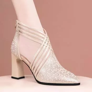 Весенние сетчатые сапоги женские сандалии толстый каблук сумка голова высокий каблук полые сетчатые туфли горный хрусталь жемчуг модные крутые сапоги женские 34 золотой