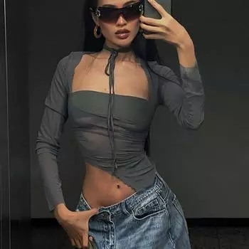 Весенние сексуальные рубашки, модные женские туфли 2023, короткие топы Y2k, уличная одежда, тонкая футболка с длинным рукавом и квадратным вырезом, тонкая сетчатая футболка 26243 S серый