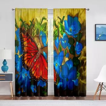 Весенние синие прозрачные занавески с цветочным принтом и бабочкой для гостиной, спальни, дома, кухни, шифоновые тюлевые шторы, декор для окон 1 PCS W100XH250cm&Rod Pocket