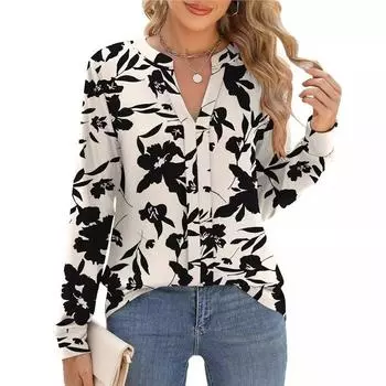 Весенние свободные блузки и рубашки с V-образным вырезом, на шнуровке, с длинными рукавами и принтом S