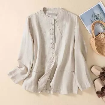 Весенние свободные однотонные хлопковые конопляные блузки и рубашки с воротником-стойкой и длинным рукавом для женщин M белый