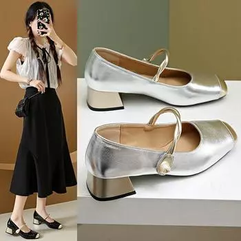 Весенние толстые каблуки одинарные женские туфли на высоком каблуке с надписью «Слово с неглубокой горловиной» и квадратной головкой женские туфли Мэри Джейн 34 серебряный