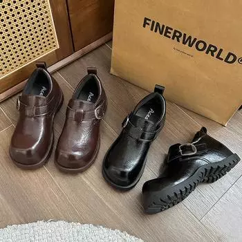 Весенние туфли Дерби 2025 года, новые универсальные ретро-лоферы с круглым носком, британский стиль, маленькие кожаные туфли для женщин 35 чёрный