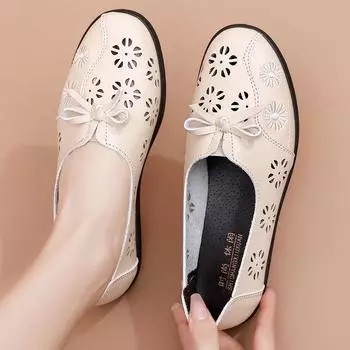 Весенние туфли для женщин среднего и пожилого возраста с нескользящей мягкой подошвой и закрытым носком, удобные туфли для мам на плоской подошве с дышащими бантами 35