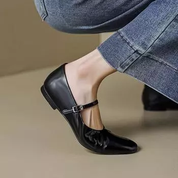 Весенние туфли Krazing Pot из овчины на низком каблуке с круглым носком, большой размер 43, женские туфли Мэри Джейн на плоской подошве для отдыха 34 чёрный