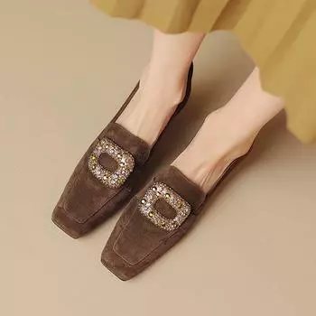 Весенние туфли Krazing Pot из овечьей замши с квадратным носком на толстом высоком каблуке и пряжкой с кристаллами, винтажные женские туфли-лодочки 34 чёрный