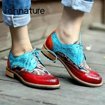 Весенние туфли-лодочки Johnature, женская обувь из натуральной кожи, разноцветные повседневные женские туфли на шнуровке в стиле ретро с круглым носком