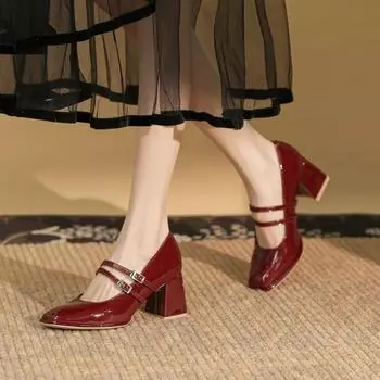 Весенние туфли Мэри Джейн на высоком толстом каблуке для невесты для женщин 40 кларет