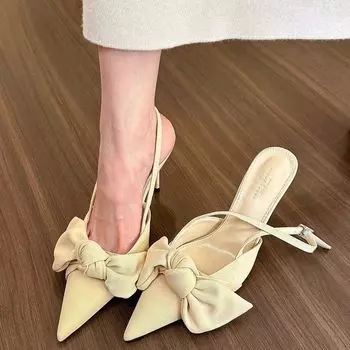 Весенние туфли Muller с заостренным носком и тонким каблуком, эластичной резинкой и бантом, элегантные босоножки на высоком каблуке, женская обувь 34 абрикосовый
