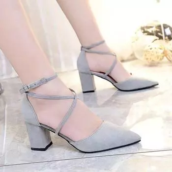 Весенние туфли на маленьком свежем высоком каблуке, женские туфли на толстом каблуке с одним словом и пряжкой на среднем каблуке 34 чёрный