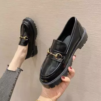 Весенние туфли на плоской подошве, женские туфли на платформе и толстом каблуке, туфли на платформе, маленькие кожаные туфли в британском стиле с пряжкой и педалью, лоферы 38 матовый черный