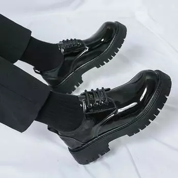 Весенние туфли-оксфорды на платформе, мужские деловые кожаные туфли с круглым носком и толстой подошвой, со шнуровкой, глянцевая поверхность, свадебные туфли для взрослых 38