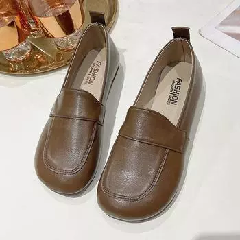 Весенние туфли с неглубокой горловиной из мягкой кожи на подошве для мам, повседневные и удобные женские туфли-одиночки с плоской подошвой в стиле ретро, женские туфли ручной работы, большие размеры 35 коричневый