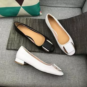 Весенние туфли с совком, модные кожаные женские туфли с квадратной головкой и мягкой подошвой, на толстом каблуке с неглубоким носком 8 белый