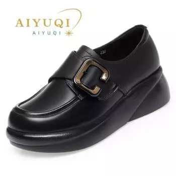 Весенние туфли женские из натуральной кожи новые туфли на платформе с круглым носком винтажные женские туфли большого размера на танкетке повседневные нескользящие туфли женские 35