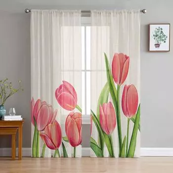 Весенние тюльпаны Пасхальные цветы ко Дню матери Цветы Тюлевые прозрачные шторы для гостиной Домашний кухонный декор Прозрачные шторы для окон спальни 1 PCS W100XH250cm