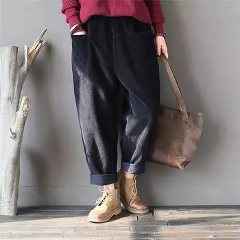 Весенние вельветовые брюки Johnature с эластичной резинкой на талии, теплые свободные повседневные брюки One Size чёрный