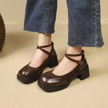 Весенние винтажные туфли Мэри Джейн на очень высоком каблуке, женские туфли-лодочки на платформе с пряжкой на щиколотке, женские туфли в стиле Лолиты с квадратным носком и толстым каблуком 35 чёрный