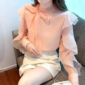 Весенние воланы Женская шифоновая рубашка с бантом Формальные оборки Классические рубашки для женщин S розовый