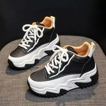 Весенние высокие туфли для женщин Туфли на толстой подошве женские Повседневные кроссовки Ботильоны Кроссовки Кожаные теннисные туфли женские 40 чёрный