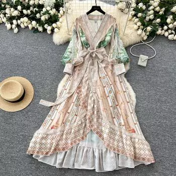 Весенние женские элегантные платья с V-образным вырезом и дизайнерским принтом, длинные макси-платья со шнуровкой и оборками, праздничные платья для вечеринок S