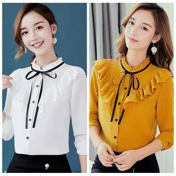 Весенние женские блузки женские рубашки с длинным рукавом шифон рабочая одежда офисные женские блузы женские M