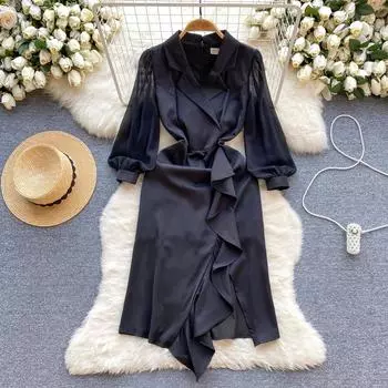 Весенние женские черные блейзеры с воротником и оборками, сексуальные сплит-офисные нерегулярные платья S чёрный