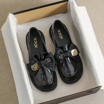 Весенние женские черные кожаные туфли, повседневные лоферы в британском стиле с бантом на среднем каблуке, одежда для работы и прогулок, бесплатная доставка 35