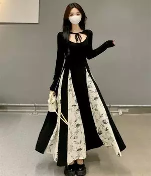 Весенние женские черные платья с длинными рукавами, женское винтажное лоскутное платье трапециевидной формы на шнуровке до щиколотки в стиле пэчворк S