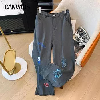 Весенние женские джинсы больших размеров, прямые джинсовые брюки с принтом, осенние повседневные широкие брюки 2XL светло-серый