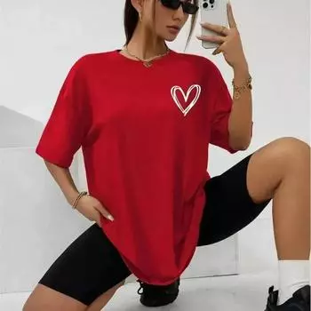 Весенние женские хлопковые футболки Простые сердечные принты Графические футболки Удобные индивидуальные уличные топы Модная женская одежда S
