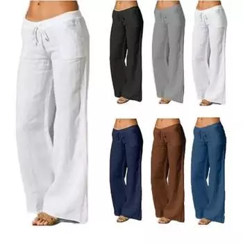 Весенние женские хлопковые и льняные длинные брюки с карманами, эластичные широкие брюки для йоги, однотонные повседневные свободные брюки размера плюс S белый