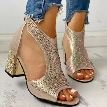 Весенние женские кожаные повседневные сандалии на каблуке, пикантные женские туфли без шнуровки на платформе с кристаллами и молнией с открытым носком 38 золотой