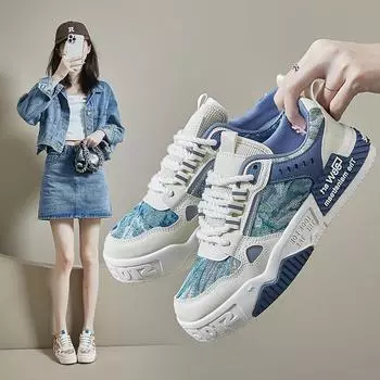 Весенние женские кроссовки белого цвета 2025 года — корейский стиль, повседневные кроссовки на высоком каблуке для студентов 37 синий/бежевый