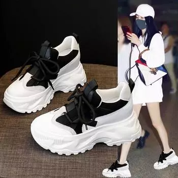 Весенние женские кроссовки для пап 2023 года: Толстая платформа 8 см, модный корейский стиль, белый цвет 39