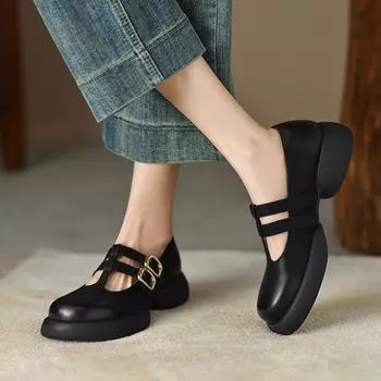 Весенние женские лоферы из спилка, женские туфли с круглым носком на массивном каблуке, женские туфли-лодочки на среднем каблуке, женская обувь 35 чёрный