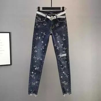 Весенние женские модные облегающие джинсы с высокой талией, украшенные стразами и бабочками XXXL синий