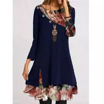 Весенние женские модные шифоновые принтованные свободные повседневные платья большого размера S темно-синий