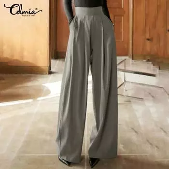 Весенние женские модные широкие брюки Celmia, прямые эластичные брюки макси с высокой талией и плиссировкой