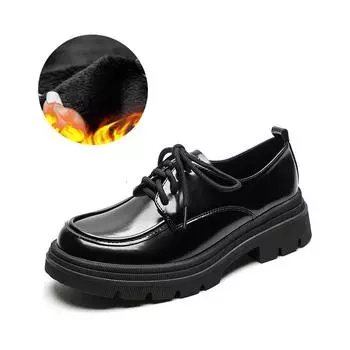 Весенние женские мокасины в британском стиле, черные теплые кожаные туфли на платформе, зимние оксфорды на мягкой подошве со шнуровкой для женщин 34