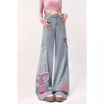 Весенние женские новые светлые прямые широкие джинсы-бабочки S светло-синий