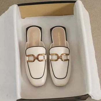 Весенние женские новые тапочки на плоской подошве, квадратные мулы, уличная повседневная обувь, стильный металлический дизайн в корейском стиле, одежда для банкетов и офиса 38 слоновая кость