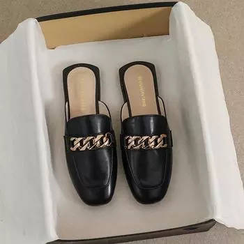 Весенние женские новые тапочки на плоской подошве с квадратными мулями, уличная повседневная обувь в корейском стиле, модная металлическая цепочка, дизайн для банкетов и офисов 37 слоновая кость